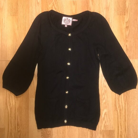 Juicy Couture Black Cashmere Blend Cardigan Sweater with Gold Crown Buttons xs - Picture 1 of 8